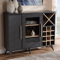 Baxton Studio SEWC160071WI-Dark Grey/Hana Oak Pietro Mid-Century Modern Dark Grey and Oak Finished Wine Cabinet